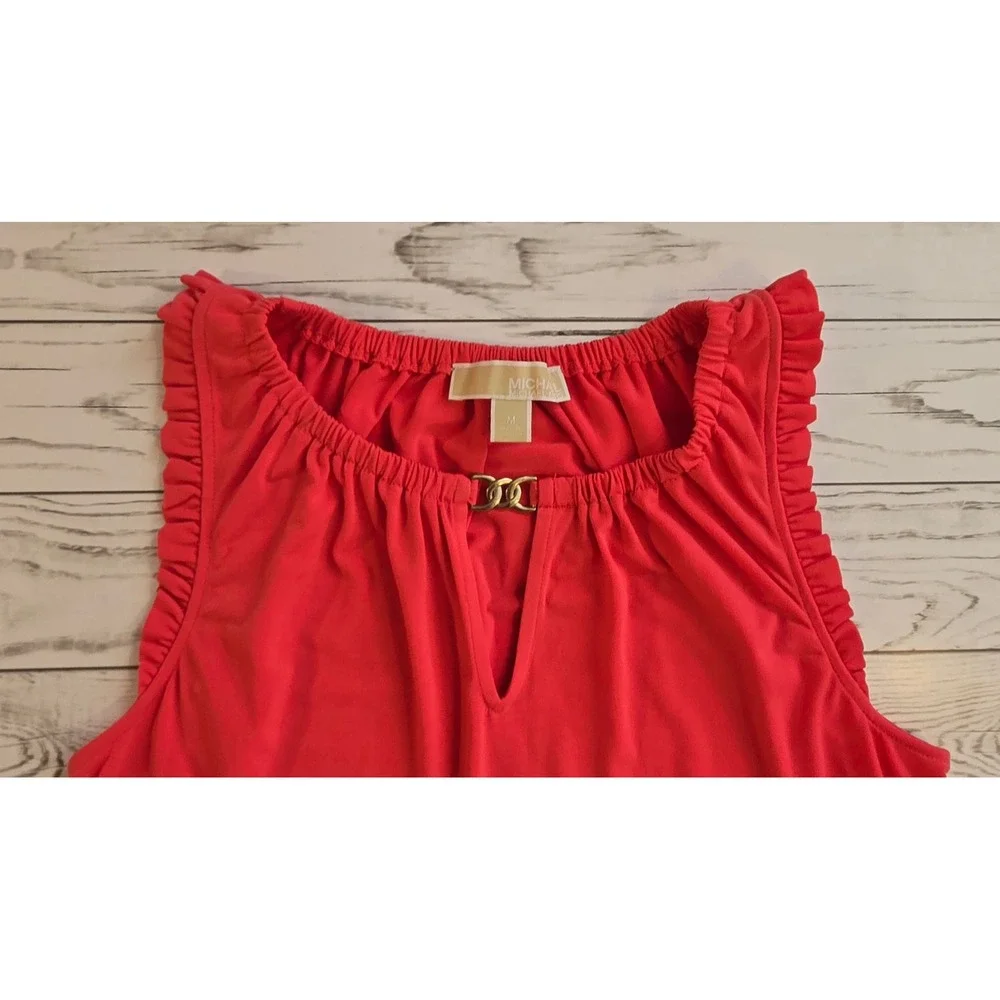 Michael Kors Bright Pink Coral‎ Ruffle Neck Keyhole Sleeveless Top Size Medium